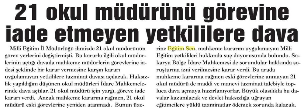 21 Okul Müdürünü Görevine İade Etmeyen Yetkililere Dava - Çağdaş (Kocaeli)