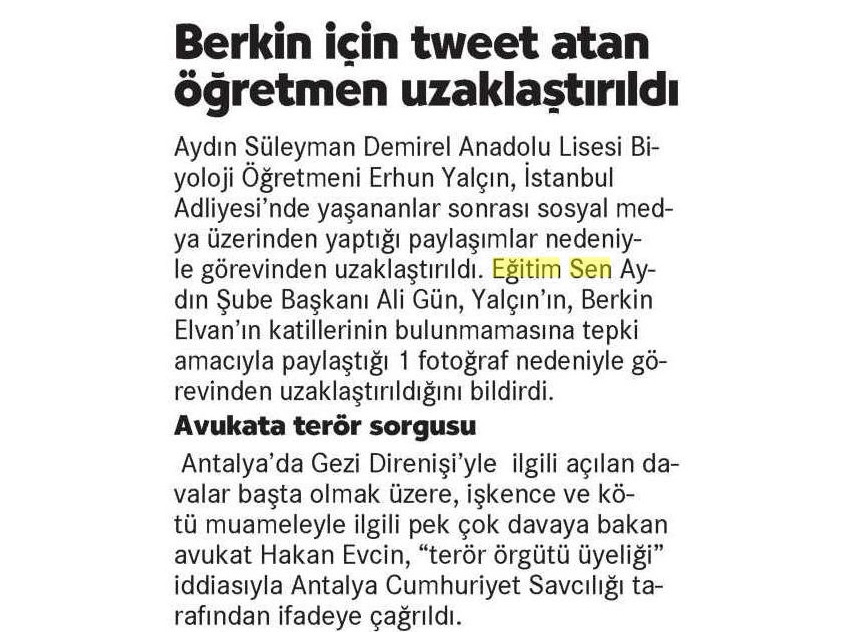 Berkin İçin Tweet Atan Öğretmen Uzaklaştırıldı - Cumhuriyet Ankara