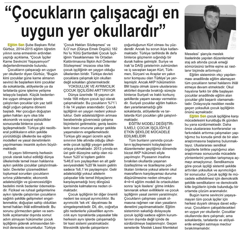 Çocukların Çalışacağı En Uygun Yer Okullardır - Çözüm Gazetesi (Isparta)