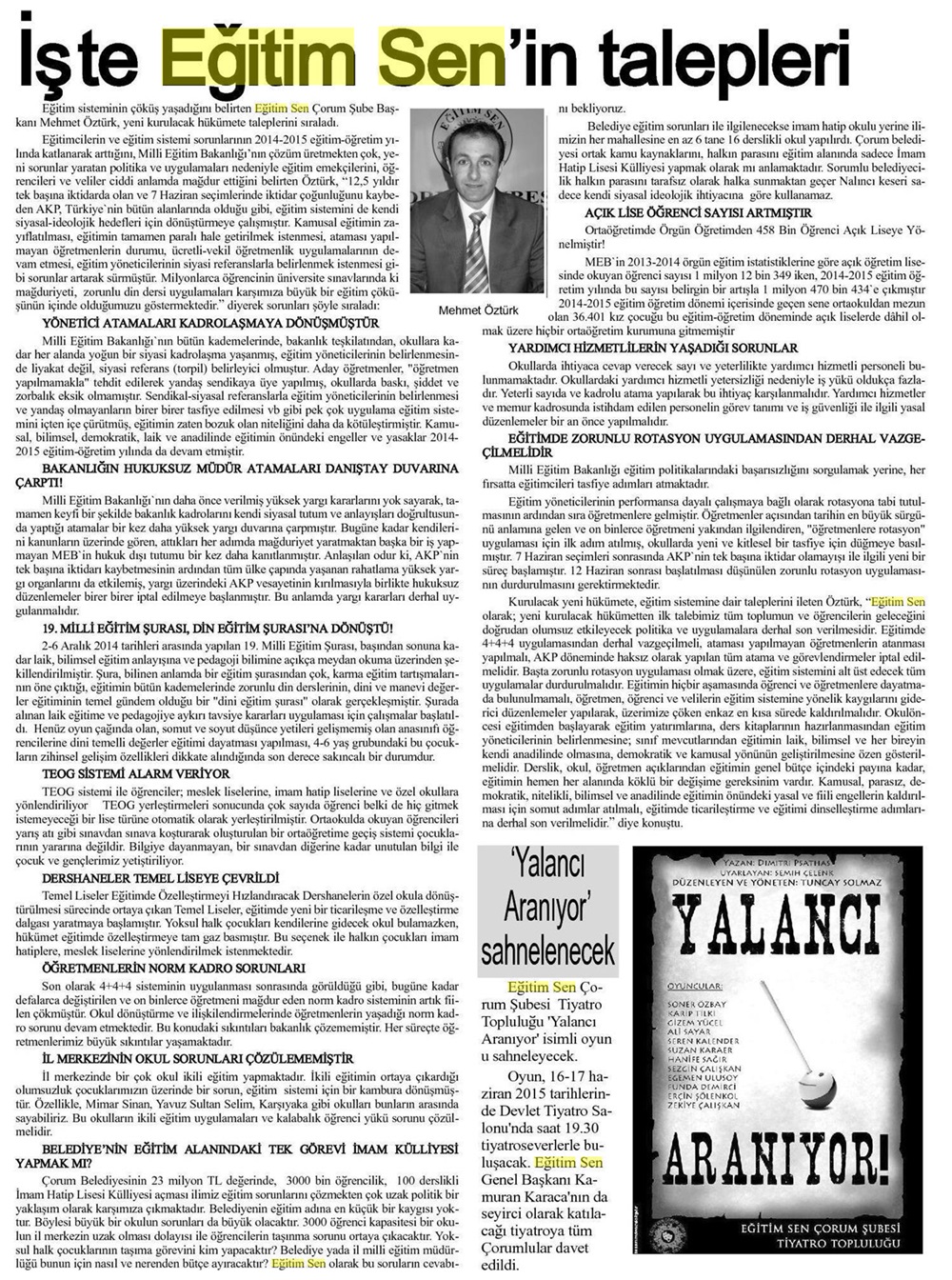 İşte Eğitim Sen'in Talepleri - Çorum Hakimiyet