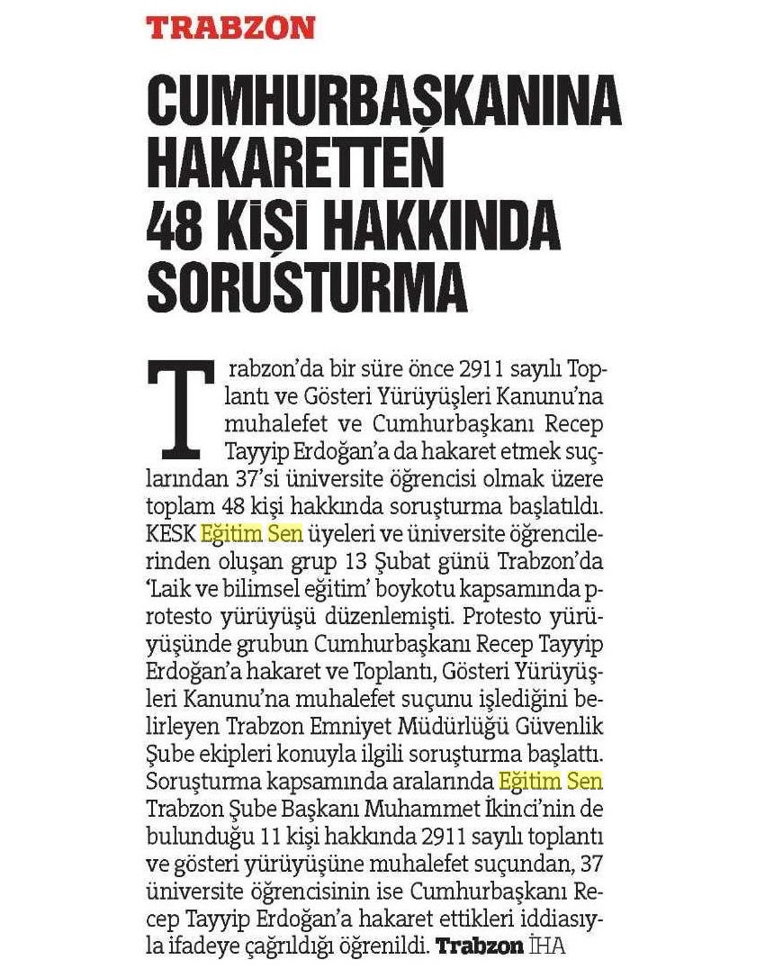 Cumhurbaşkanına Hakaretten 48 Kişi Hakkında Soruşturma - Türkiye Trabzon