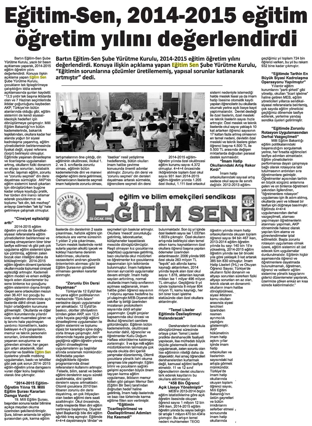 Eğitim Sen, 2014 - 2015 Eğitim - Öğretim Yılını Değerlendirdi - Bartın Halk