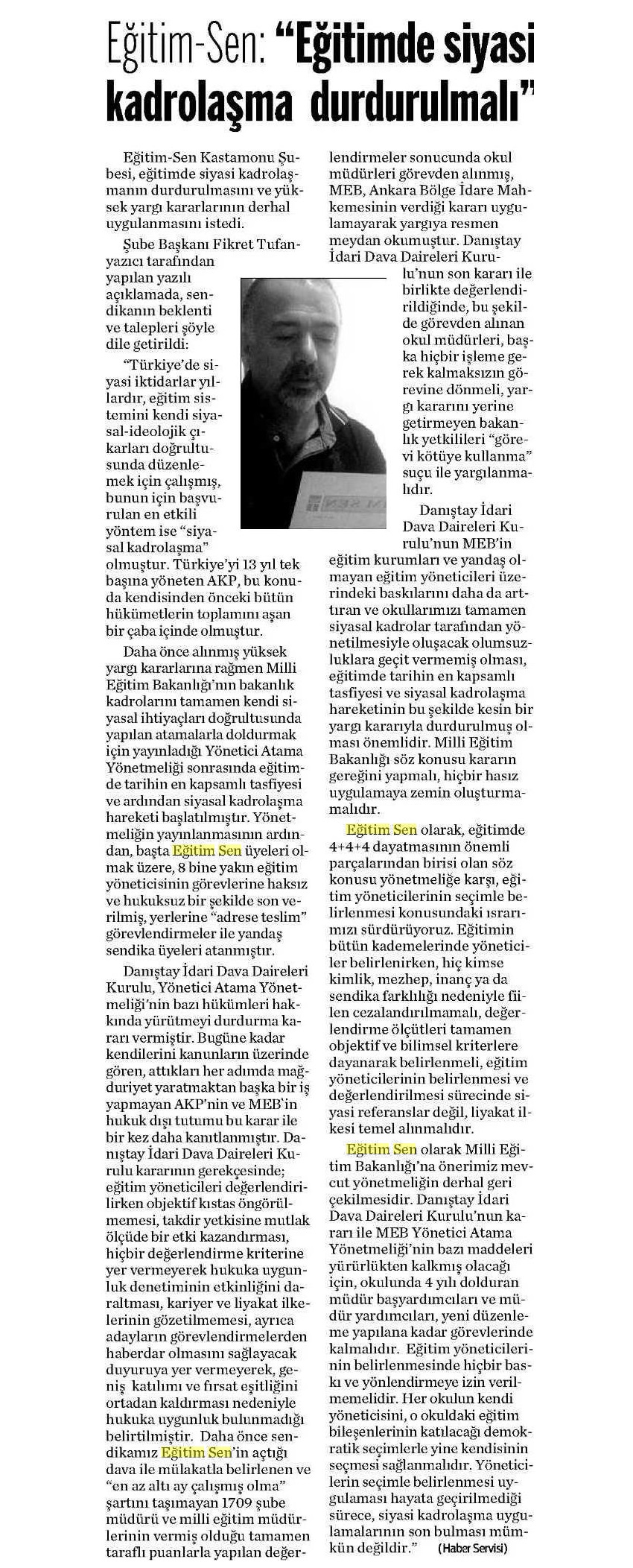 Eğitim Sen: 'Eğitimde Siyasi Kadrolaşma Durdurulmalı' - Kastamonu Gazetesi