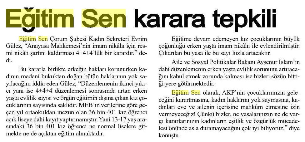 Eğitim Sen Karara Tepkili - Çorum Hakimiyet