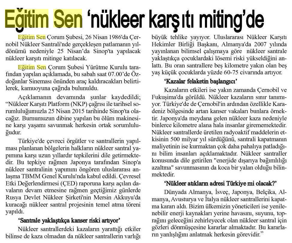 Eğitim Sen Nükleer Karşıtı Mitingde - Çorum Hakimiyet