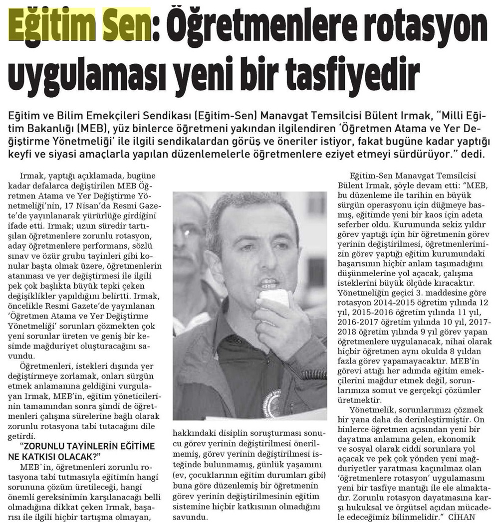 Eğitim Sen: Öğretmenlere Rotasyon Uygulaması Yeni Bir Tasfiyedir - Denge (Samsun)