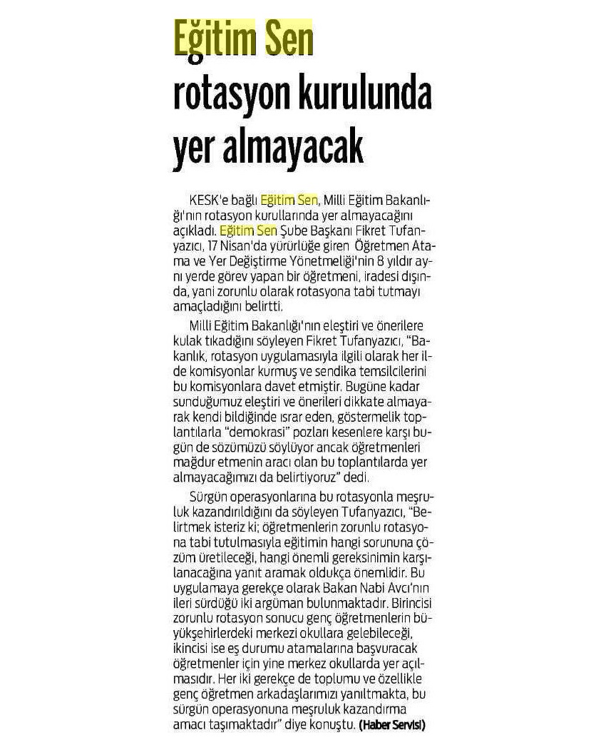 Eğitim Sen Rotasyon Kurulunda Yer Almayacak - Kastamonu Gazetesi