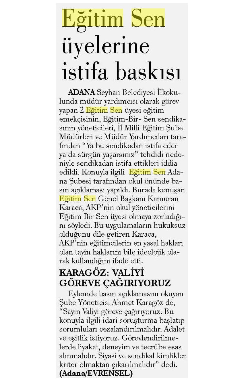 Eğitim Sen Üyelerine İstifa Baskısı - Evrensel