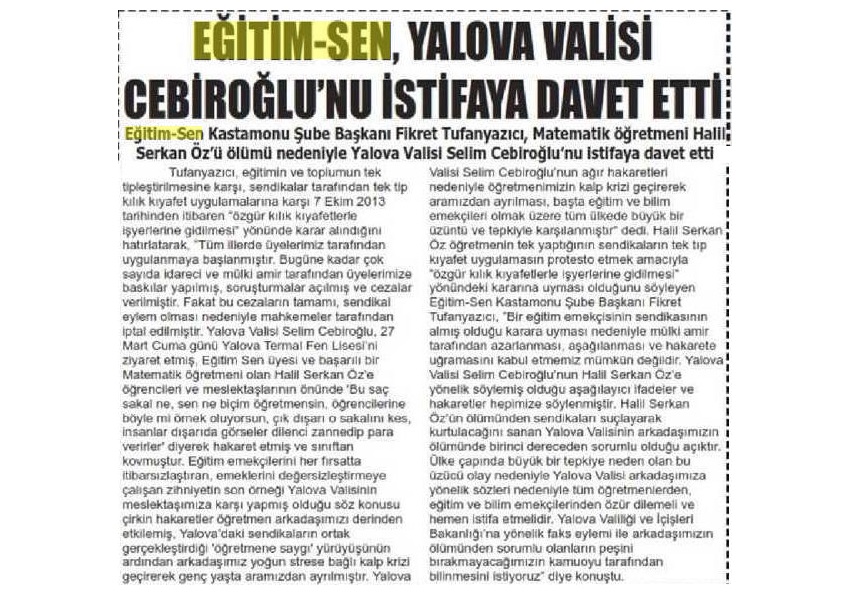 Eğitim Sen Yalova Valisi Cebiroğlu'nu İstifaya Davet Etti - Safranbolu'da Sonsöz