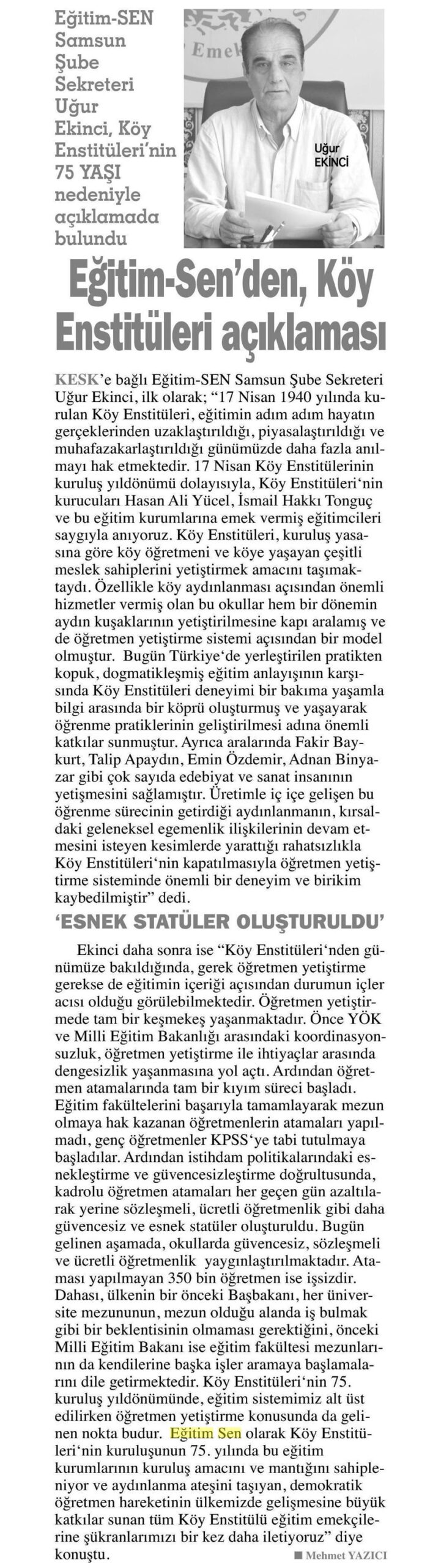 Eğitim Sen'den Köy Enstitüleri Açıklaması - Gazete Arena