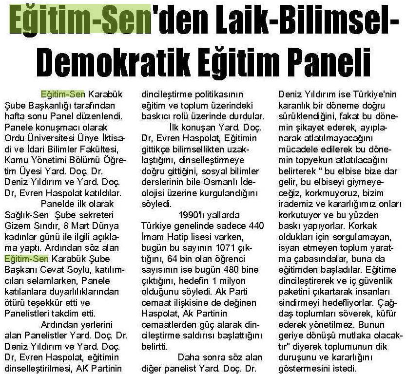 Eğitim Sen'den Laik - Bilimsel - Demokratik Eğitim Paneli - Karabük Haber