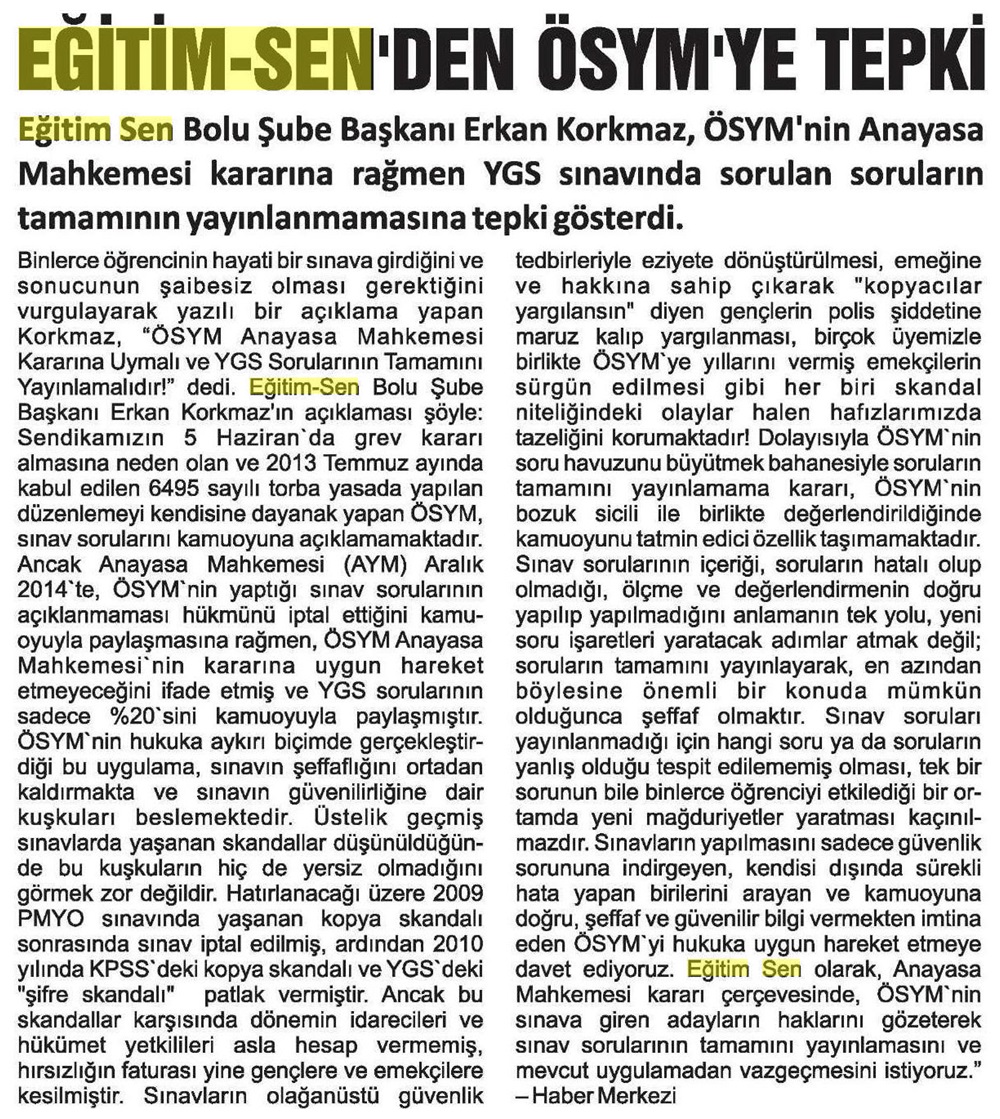 Eğitim Sen'den ÖSYM'ye Tepki - Detay (Bolu)