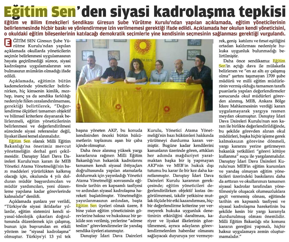 Eğitim Sen'den Siyasi Kadrolaşma Tepkisi - Giresun Ekspres Gazetesi
