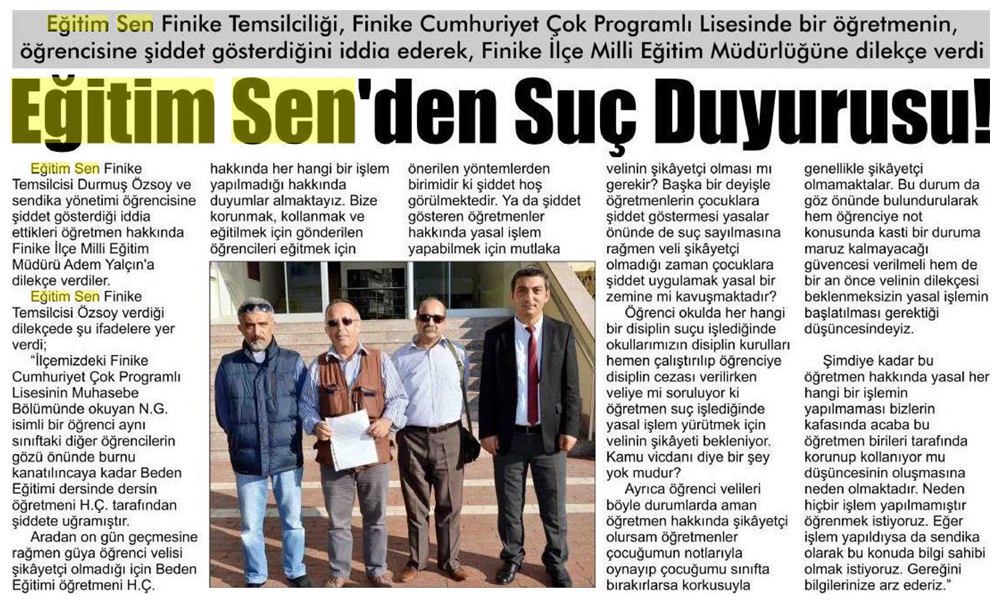 Eğitim Sen'den Suç Duyurusu - Finike Akdeniz