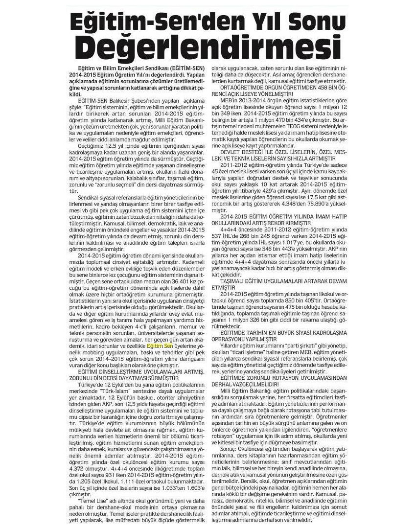 Eğitim Sen'den Yılsonu Değerlendirmesi - Balıkesir Ekspres