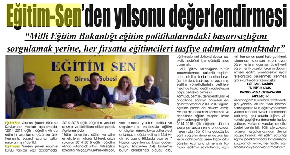 Eğitim Sen'den Yılsonu Değerlendirmesi - Yeni Giresun Gazetesi