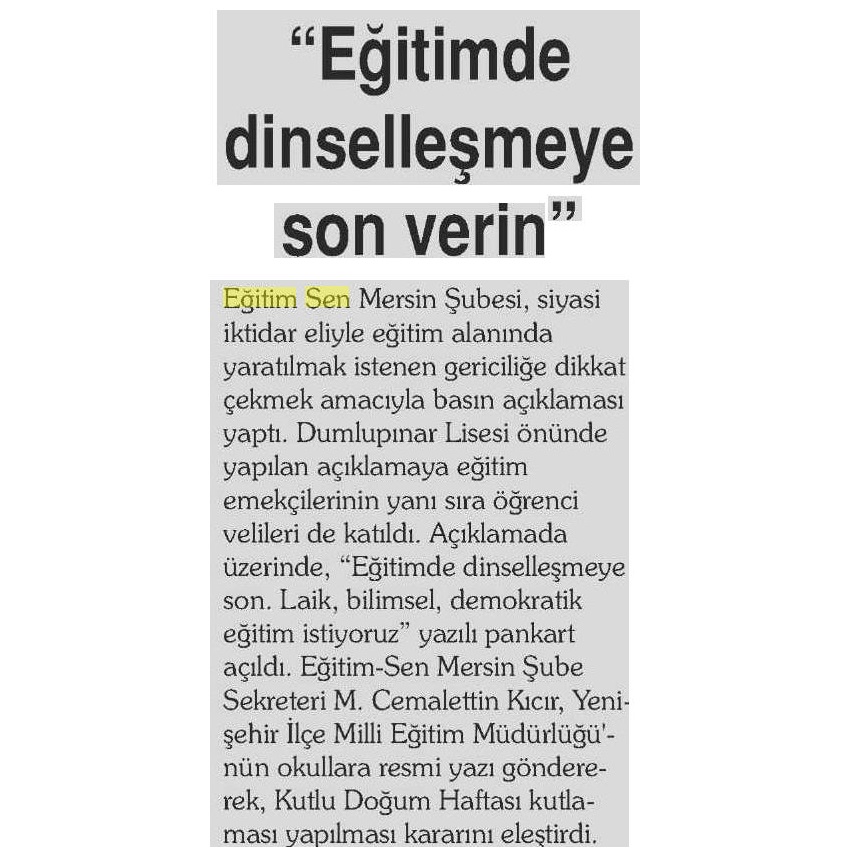 'Eğitimde Dinselleşmeye Son Verin' - Haberci (Mersin)
