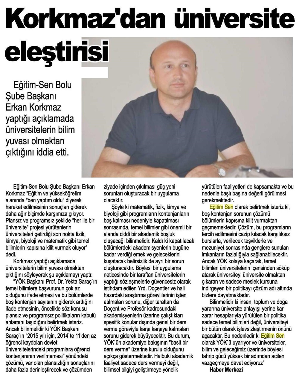 Korkmaz'dan Üniversite Eleştirisi - Bolu Ekspress