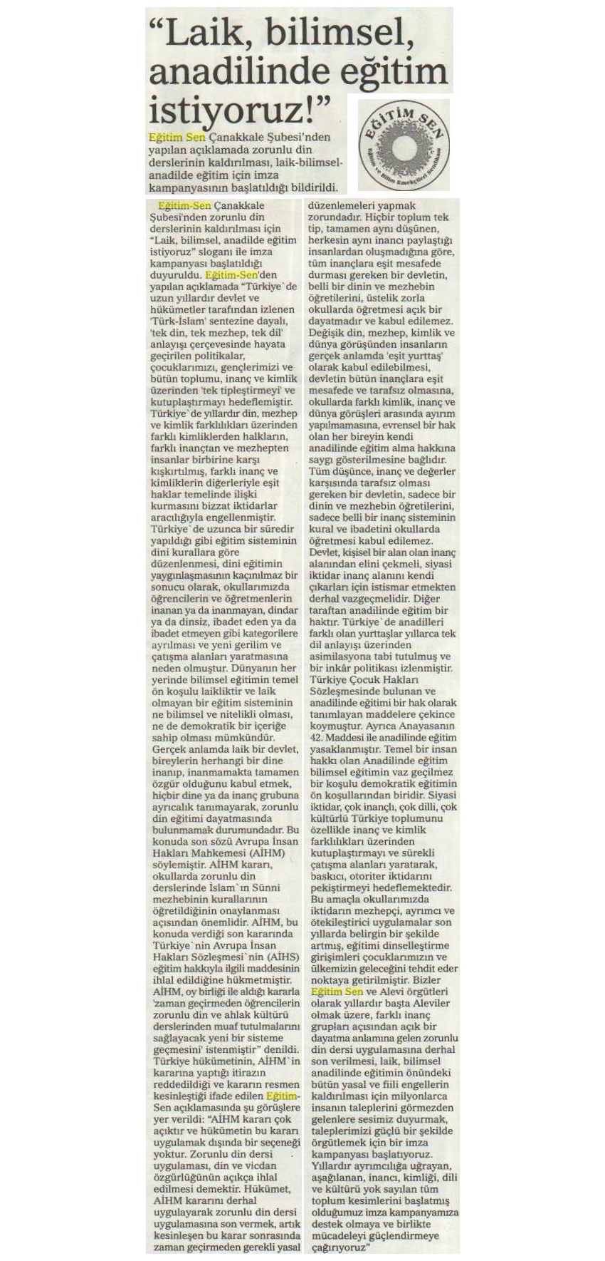 'Laik, Bilimsel, Anadilinde Eğitim İstiyoruz!' - Çanakkale Olay