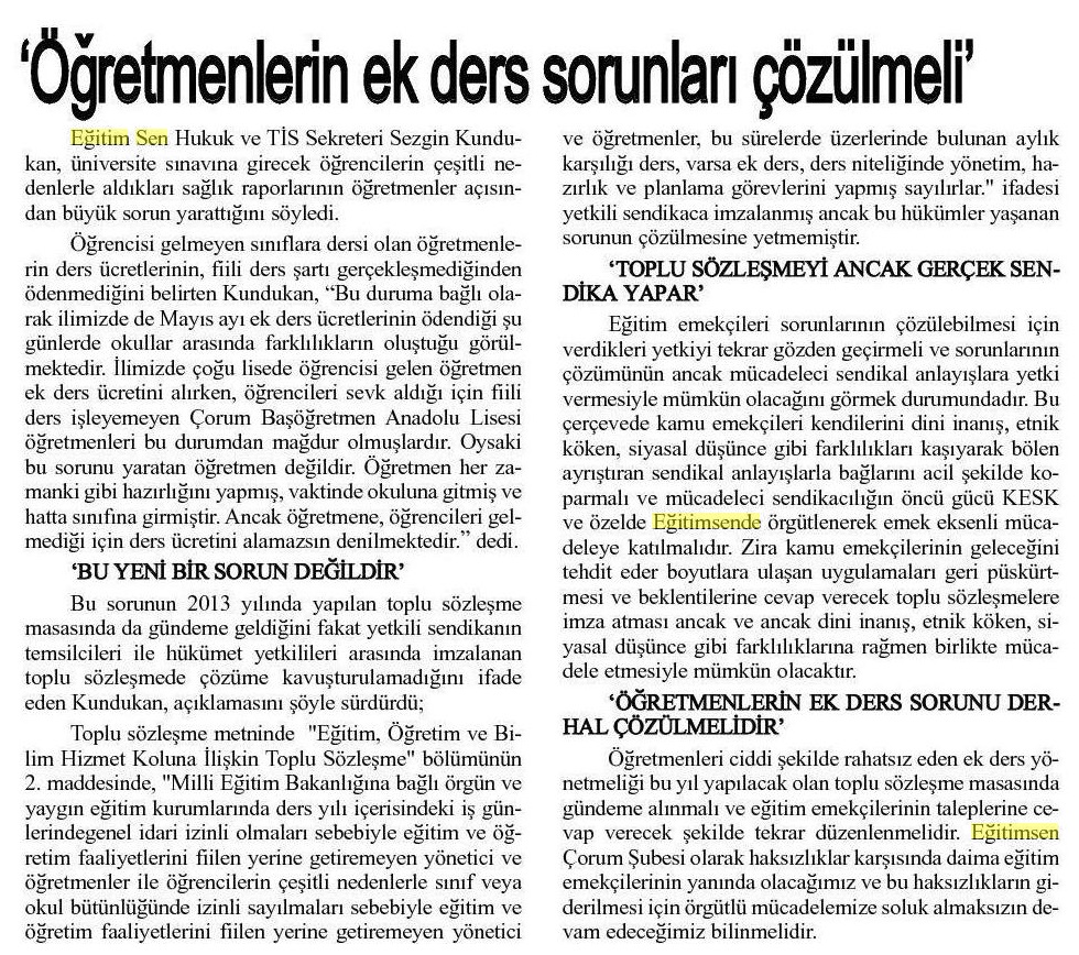 'Öğretmenlerin Ek Ders Sorunları Çözülmeli' - Çorum Hakimiyet