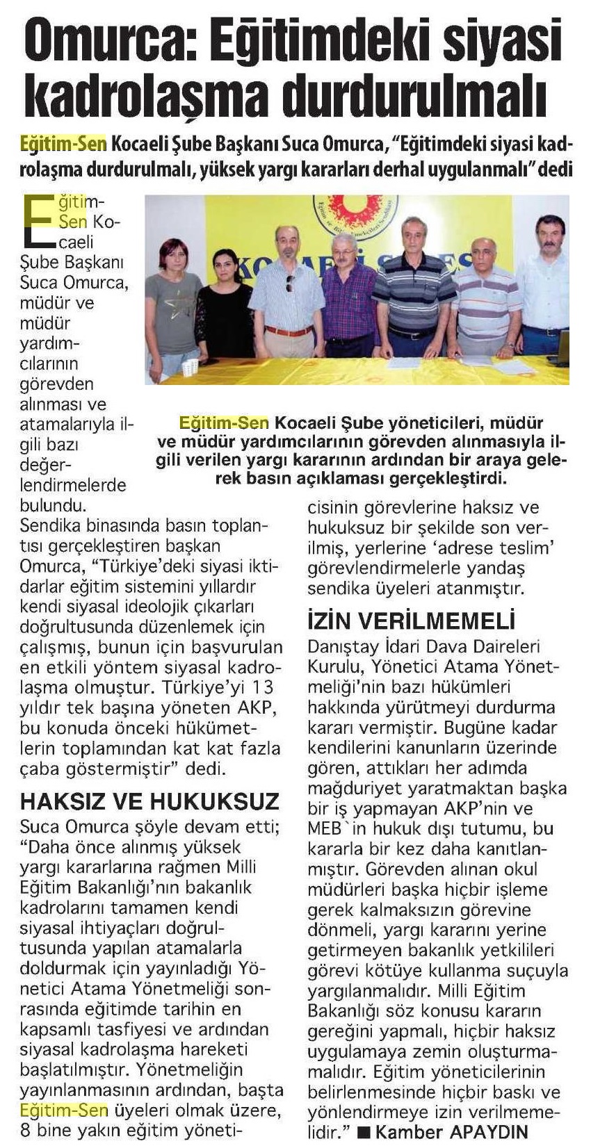 Omurca: Eğitimdeki Siyasi Kadrolaşma Durdurulmalı - Bizim Kocaeli