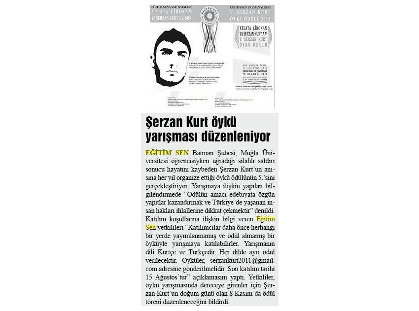 Şerzan Kurt Öykü Yarışması Düzenleniyor - Batman Doğuş Gazetesi