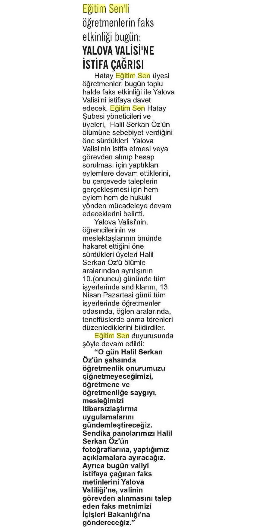 Yalova Valisi'ne İstifa Çağrısı - Antakya Toplumcu Halk Gazetesi