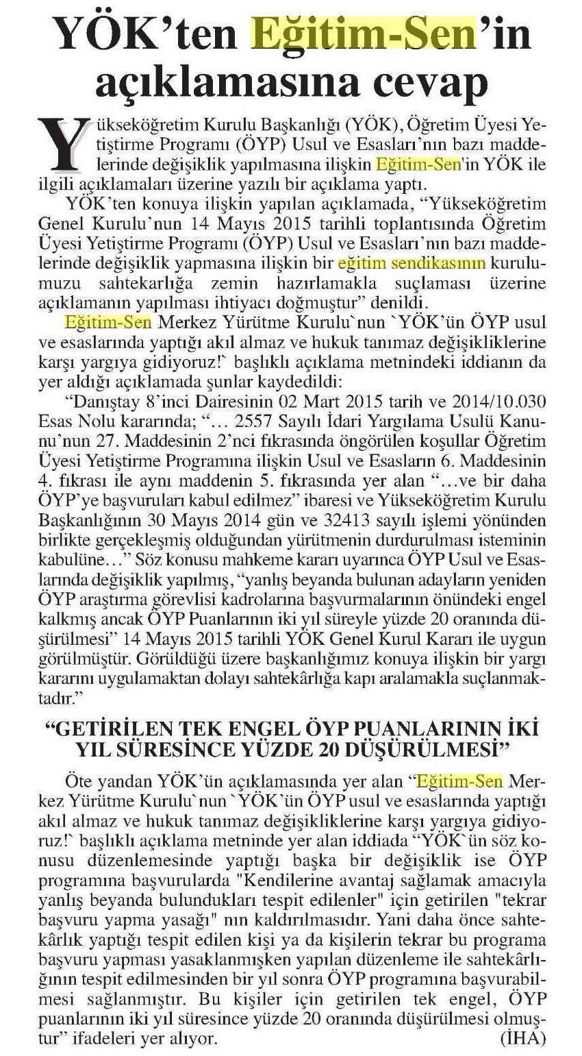YÖK'ten Eğitim Sen'in Açıklamasına Cevap - Başkent Ankara