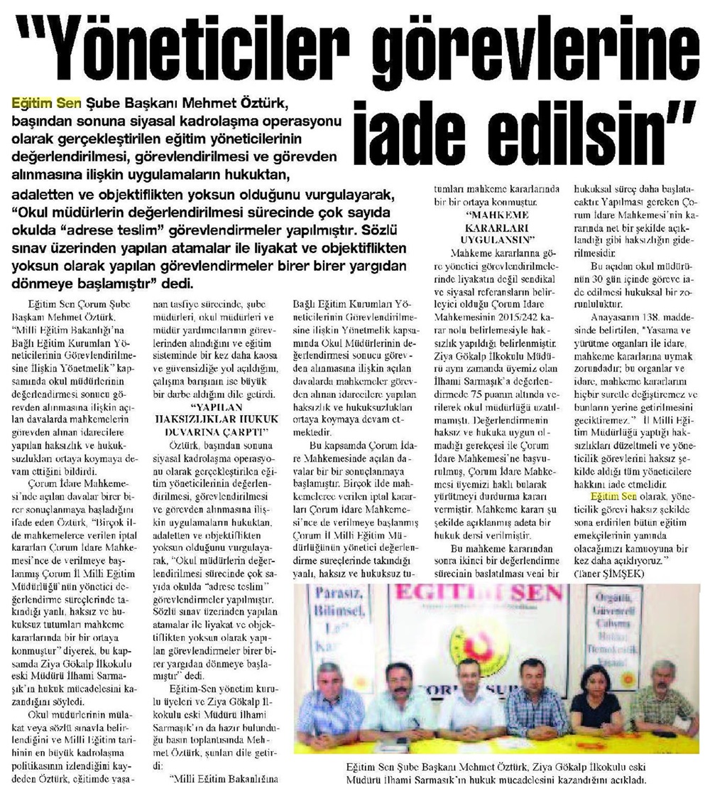 Yöneticiler Görevlerine İade Edilsin - Çorum Haber