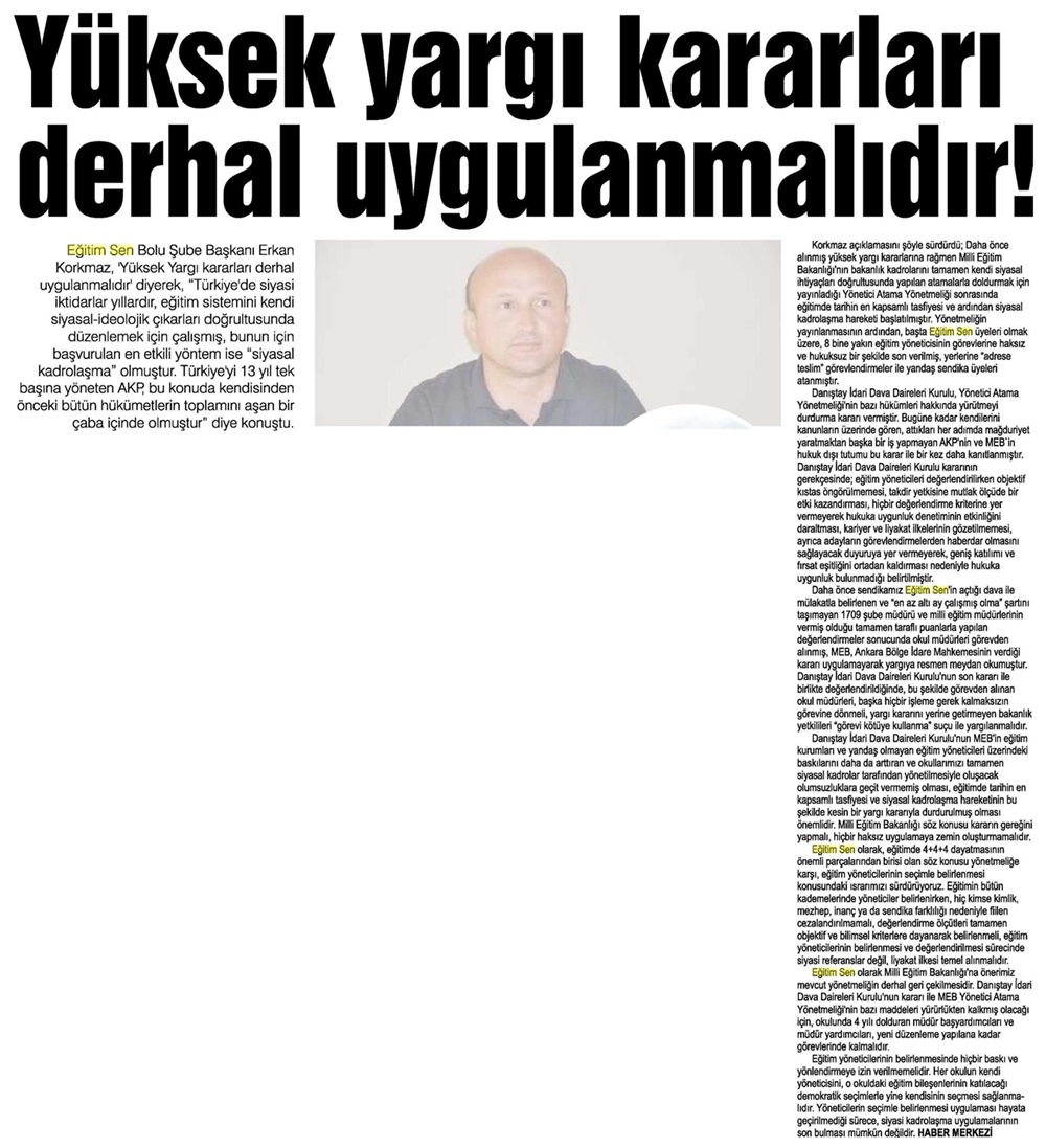 Yüksek Yargı Kararları Derhal Uygulanmalıdır - Bolu Express Gazetesi