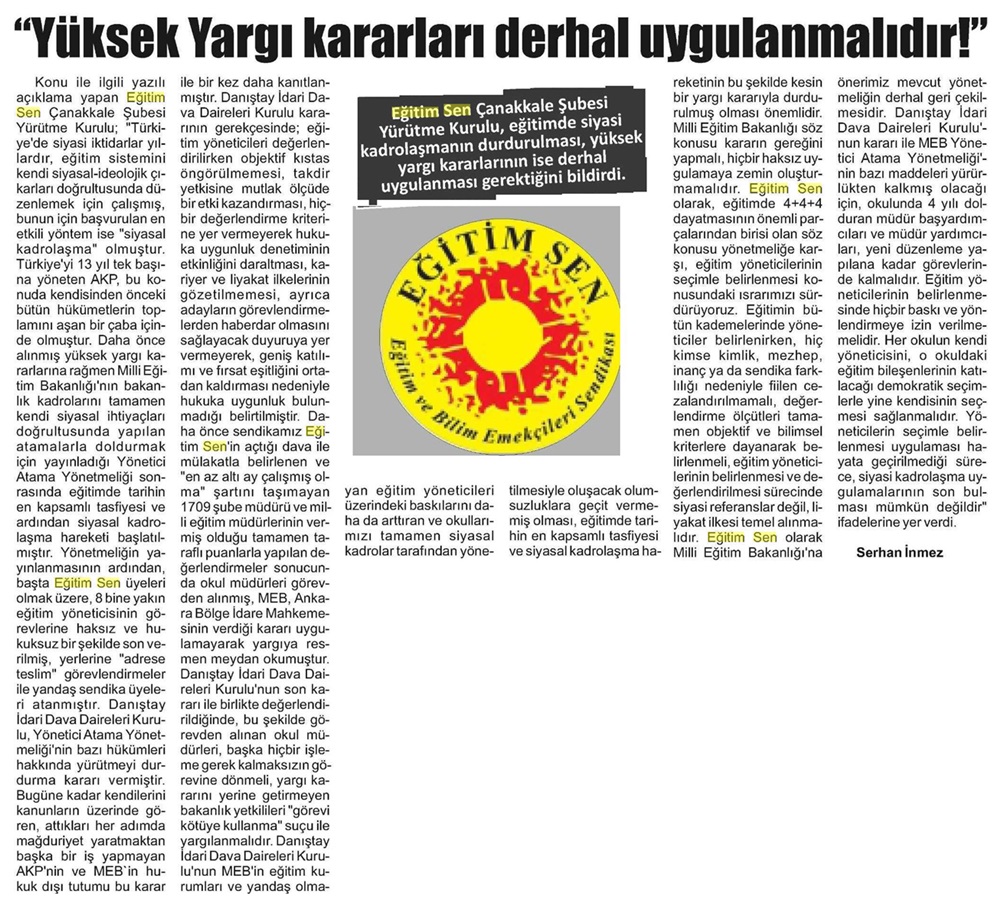 'Yüksek Yargı Kararları Derhal Uygulanmalıdır' - Çanakkale Havadis