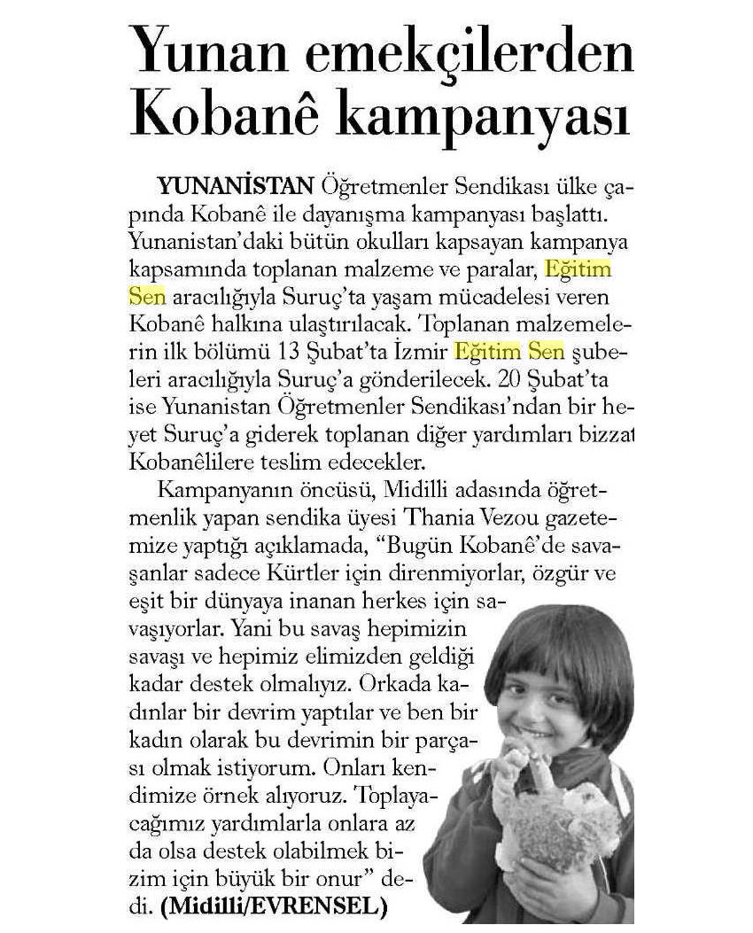 Yunan Emekçilerden Kobane Kampanyası - Evrensel