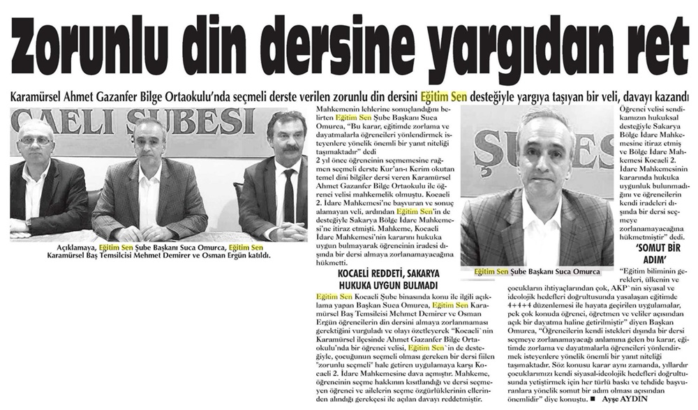 Zorunlu Din Dersine Yargıdan Ret - Çağdaş (Kocaeli)