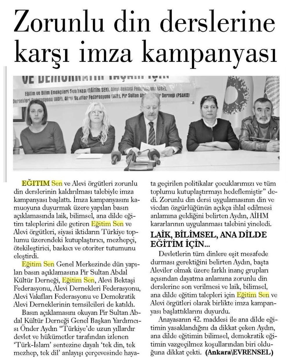 Zorunlu Din Derslerine Karşı İmza Kampanyası - Evrensel