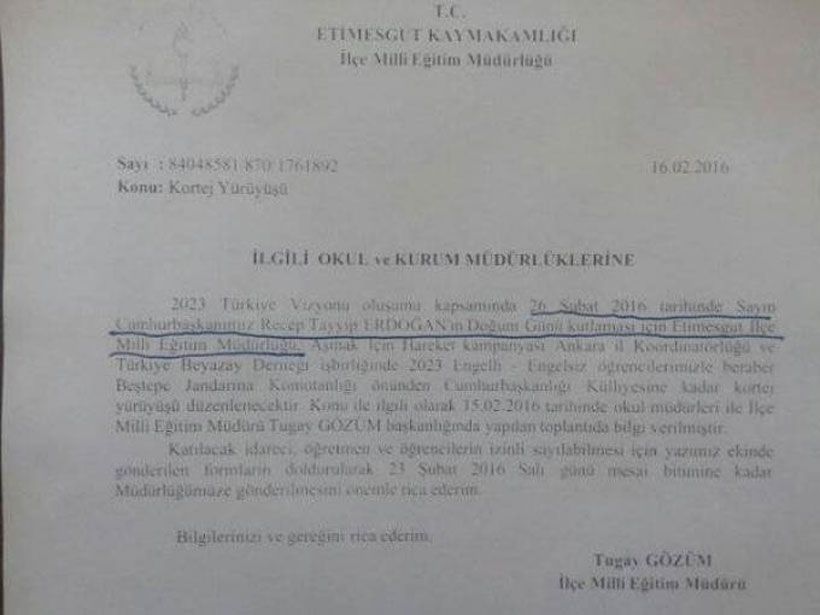 Etimesgut İlçe MEM'den Erdoğan'ın Doğum Gününde Resmi Tatil
