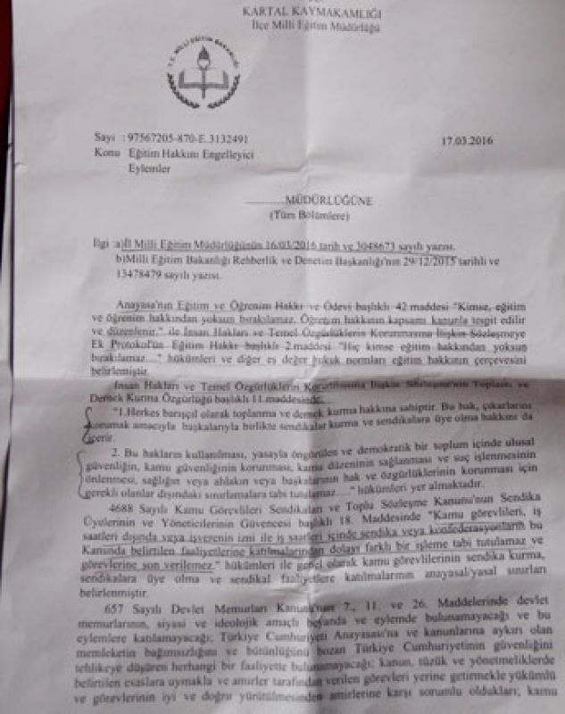 Kartal’da Öğretmenleri Fişleme Talimatı