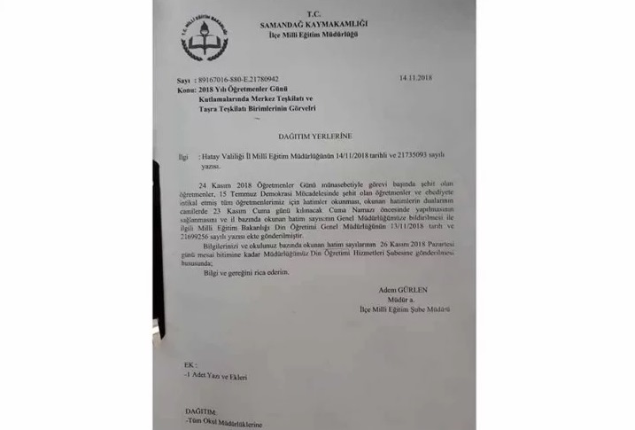 Samandağ'da Okullara Hatim Talimatı