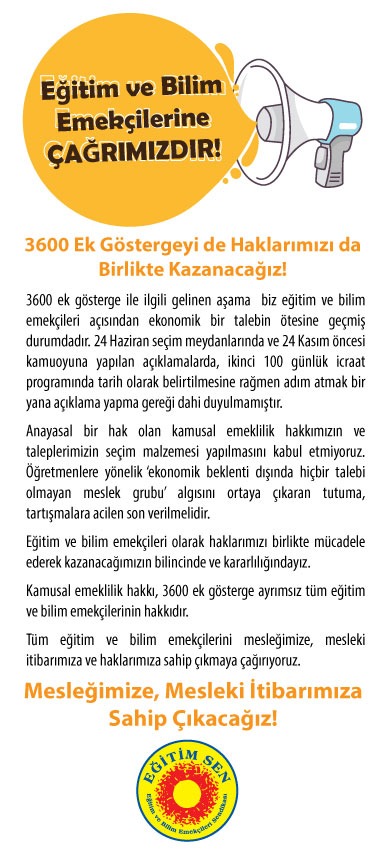 3600 Ek Göstergeye, Haklarımıza, Mesleğimize Sahip Çıkmak İçin Çağrımızdır!