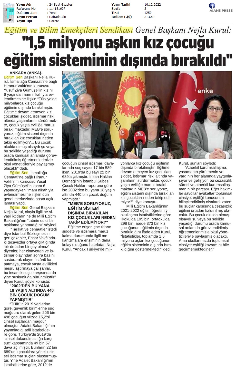 "1.5 Milyonu Aşkın Kız Çocuğu Eğitim Sisteminin Dışında Bırakıldı" / 24 Saat Gazetesi