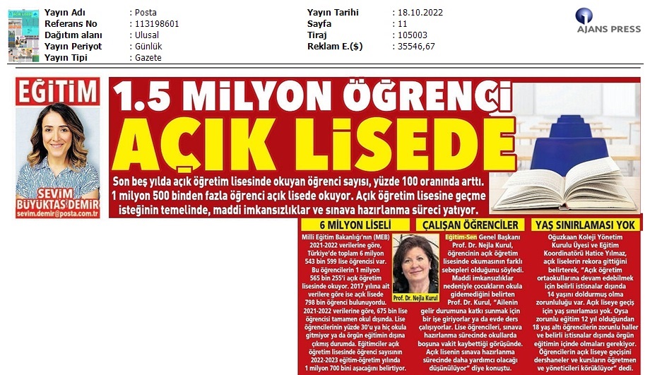 1,5 Milyon Öğrenci Açık Lisede / Posta