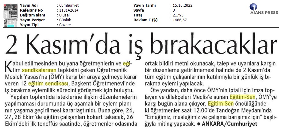 2 Kasım'da İş Bırakacaklar / Cumhuriyet