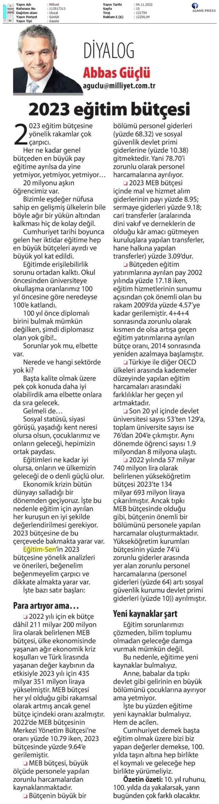 2023 Eğitim Bütçesi / Milliyet