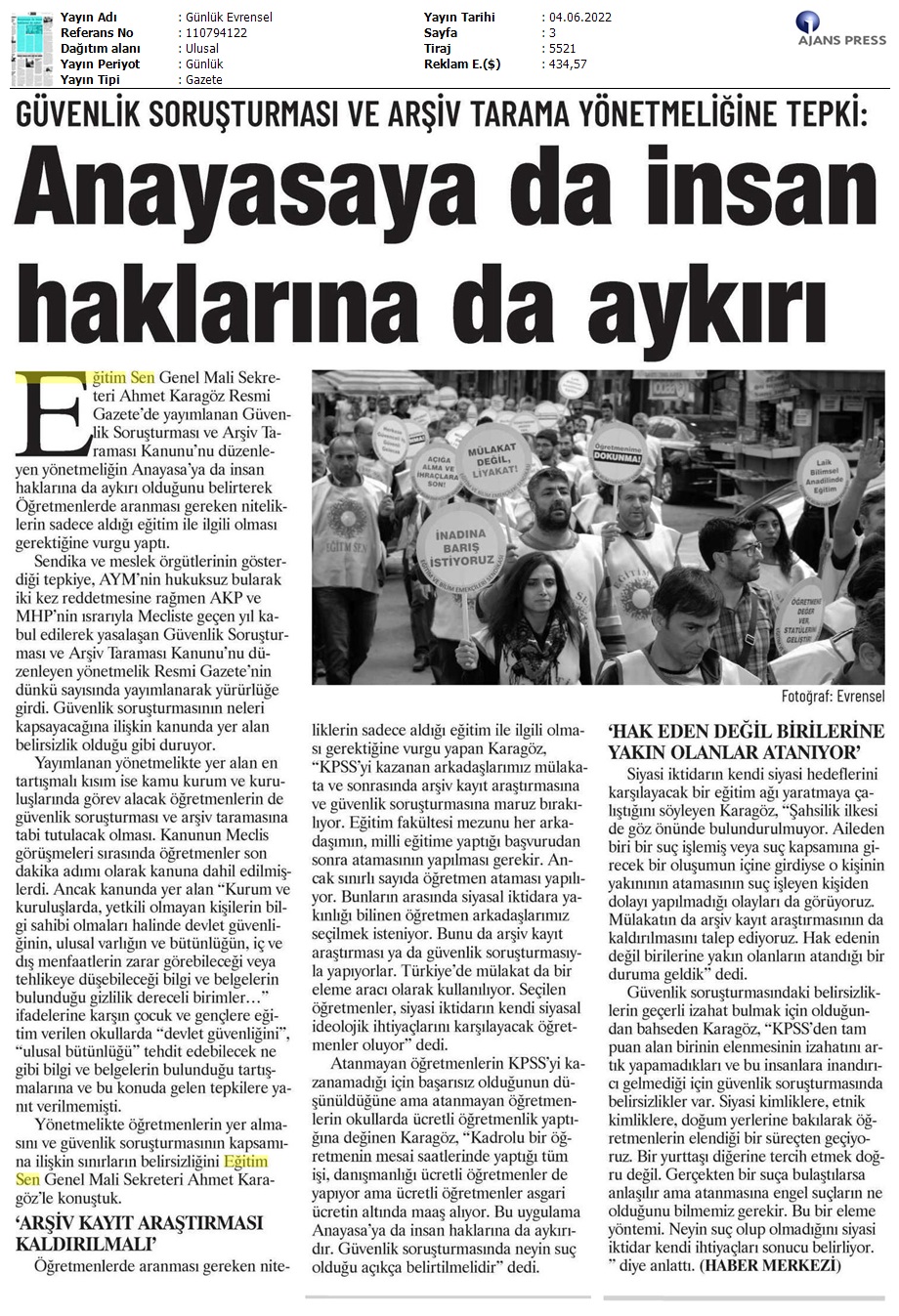 Anayasaya da İnsan Haklarına da Aykırı / Evrensel