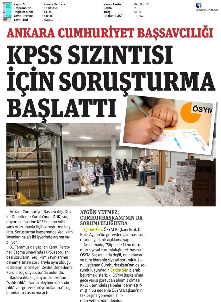 Ankara Cumhuriyet Başsavcılığı, KPSS Sızıntısı İçin Soruşturma Başlattı / Gazete Pencere