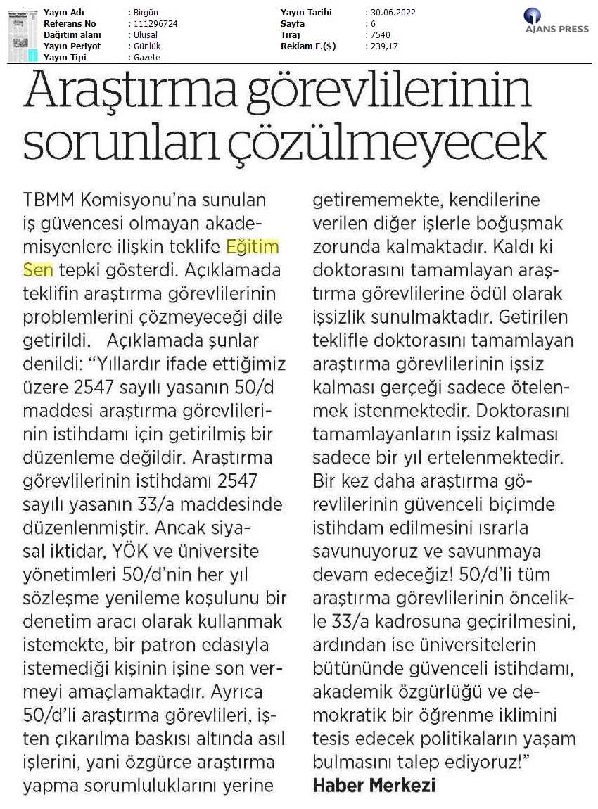 Araştırma Görevlilerinin Sorunları Çözülmeyecek / BirGün