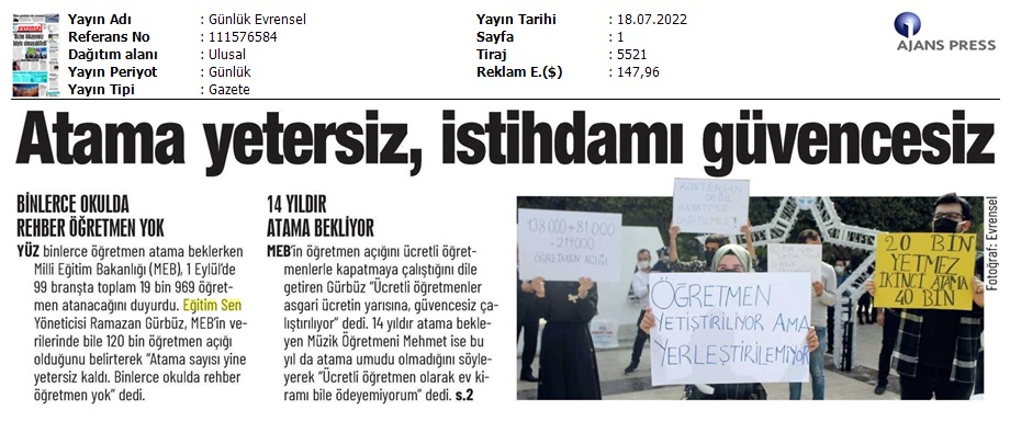 Atama Yetersiz, İstihdam Güvencesiz / Evrensel