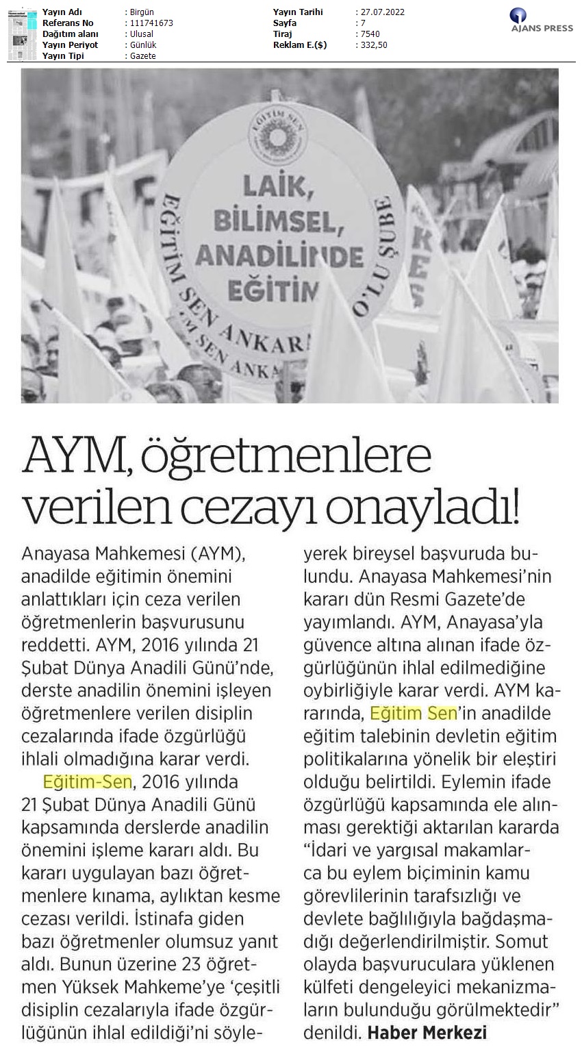 AYM, Öğretmenlere Verilen Cezayı Onayladı! / BirGün