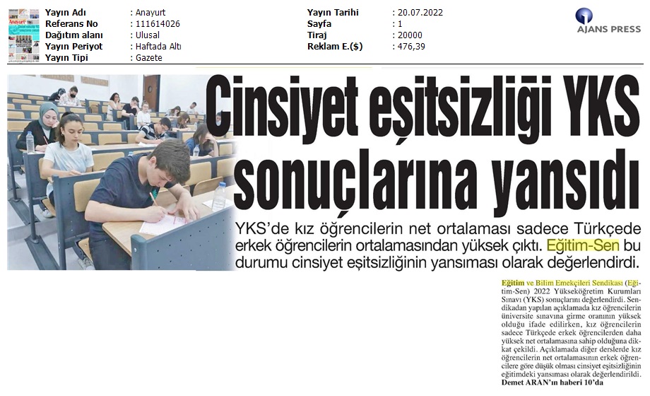 Cinsiyet Eşitsizliği YKS Sonuçlarına Yansıdı / Anayurt