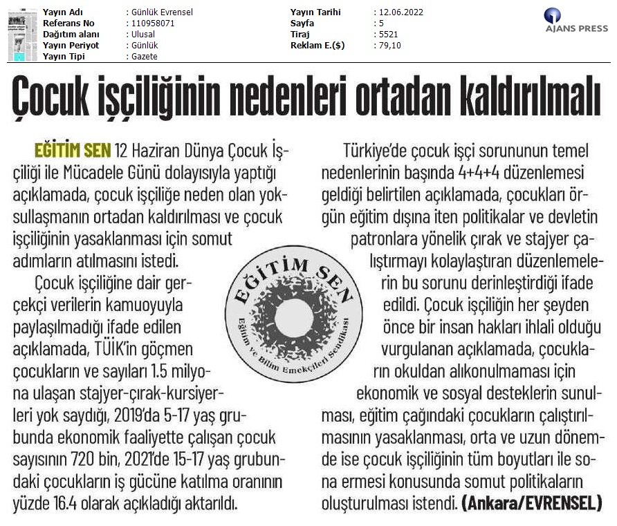 Çocuk İşçiliğinin Nedenleri Ortadan Kaldırılmalı / Evrensel