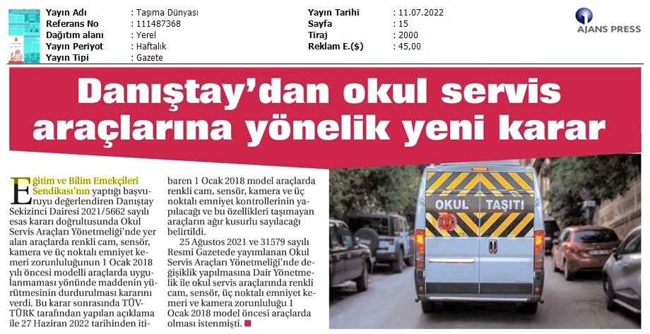 Danıştay'dan Okul Servis Araçlarına Yönelik Yeni Karar / Taşıma Dünyası